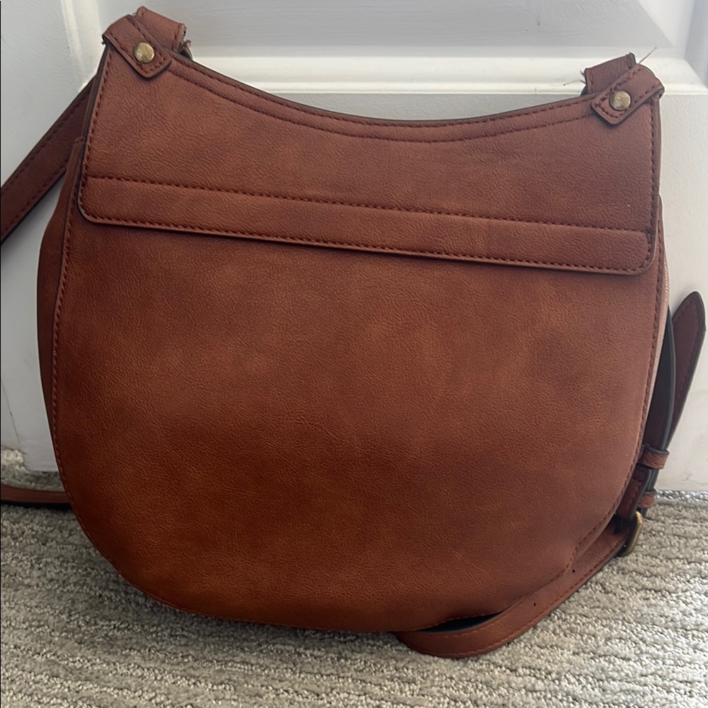 Frye & Co Cognac Faux Leather Crossbody Saddle Bag - Picture 5 of 8